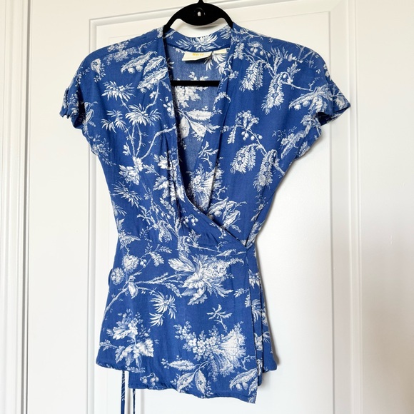ANTHROPOLOGIE Maeve Clarita Wrap Blouse Top, Blue/White, Size 0 - Picture 7 of 13